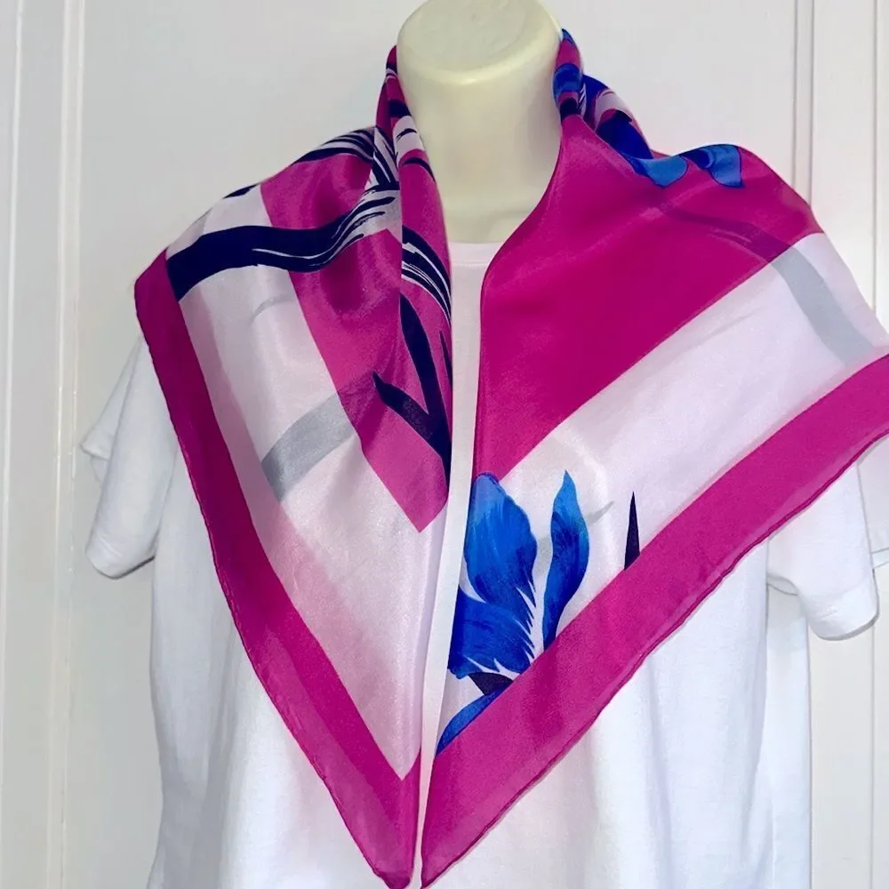Lovely vintage bright‎ pink, white & black large scarf with blue irises